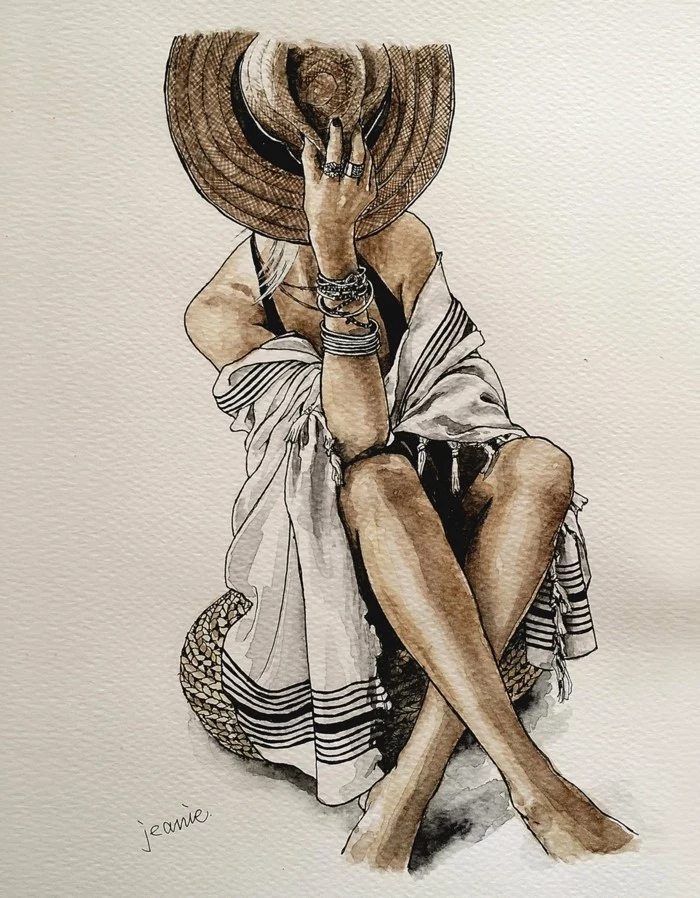 colored drawing of a woman sitting down, cool easy drawings, wrapped in white scarf, large hat on her head