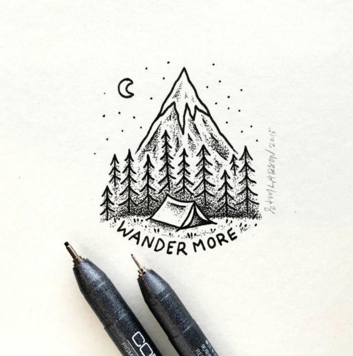  promenez-vous davantage, écrivez sous un paysage de montagne, choses à griffonner, tente au milieu d'une forêt, croquis au crayon noir