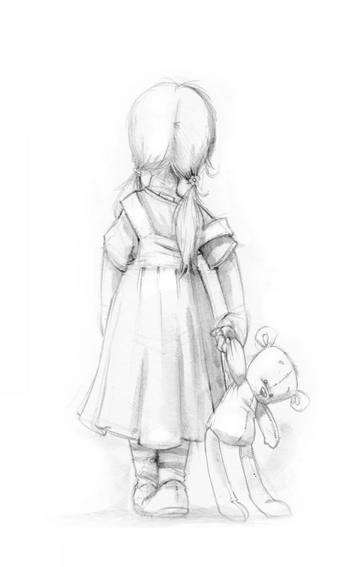 little girl with hair in two ponytails, carrying a plush teddy bear toy, things to doodle, black pencil sketch