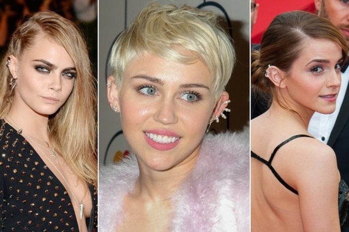 three side by side photos, how long does a cartilage piercing take to heal, cara delevingne, miley cyrus, emma watson