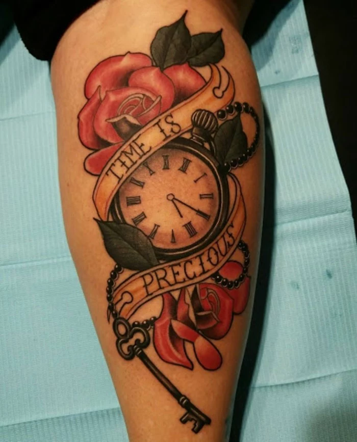 time is precious, written over a pocketwatch, surrounded by red roses, traditional forearm tattoo, leg tattoo