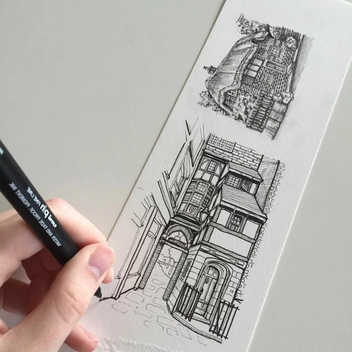 things to draw when your bored, drawing of two separate buildings, black pencil sketch on whtie background