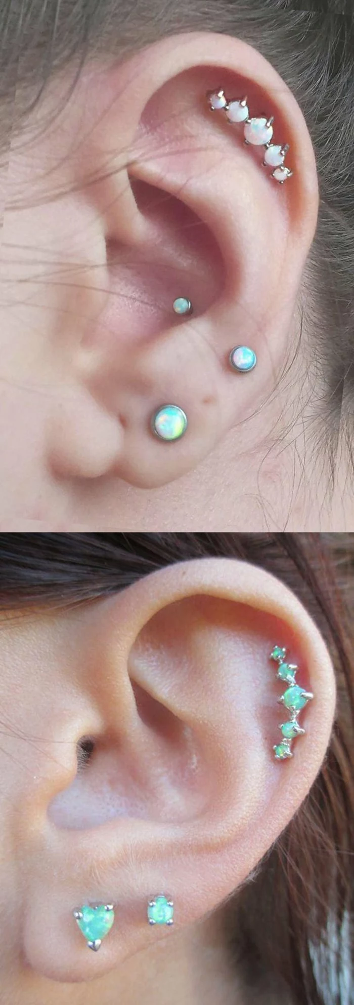 two close up photos of ears, wearing multiple different earrings with blue rhinestones, how much is a cartilage piercing