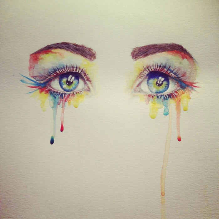 watercolor drawing, set of blue eyes, things to draw when your bored, multi colored paint dripping down as tears