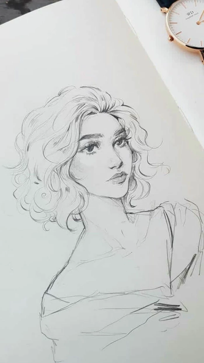 woman with short curly hair, black pencil sketch on white background, things to draw when your bored