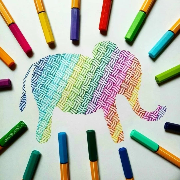 multi colored drawing of an elephant, things to draw when your bored, using pens in different colors