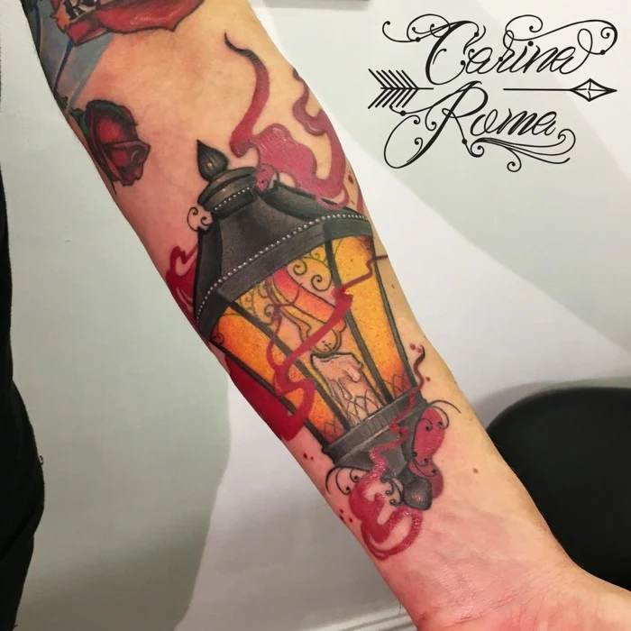 lantern with a candle inside, neo traditional tattoo designs, forearm tattoo, white background