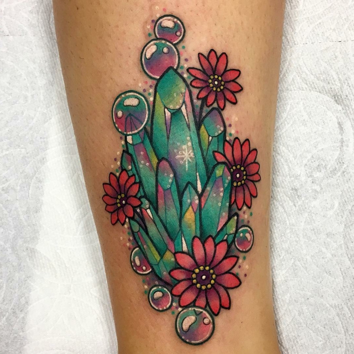 neo traditional tattoo designs, turquoise crystals, surrounded by pink flowers and bubbles