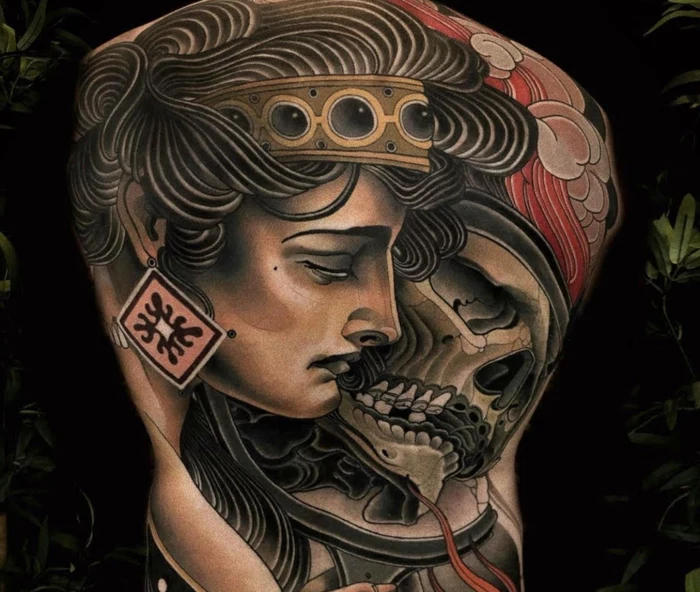 whole back tattoo, neo traditional tattoo designs, woman from ancient rome, skull next to her