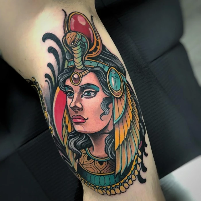 woman from egyptian times, crown on her head with a cobra and red ruby, neo traditional tattoo designs