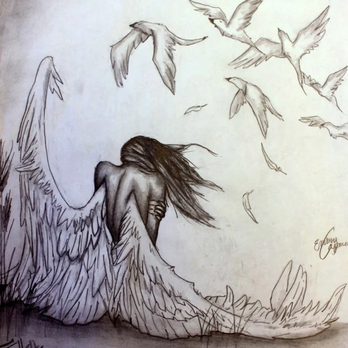 woman with angel wings, surrounded by birds flying over her, things to draw when your bored