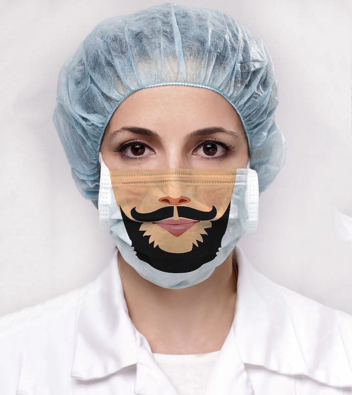 woman with brown eyes, wearing surgical hat, how to make a breathing mask, mask with beard printed on it