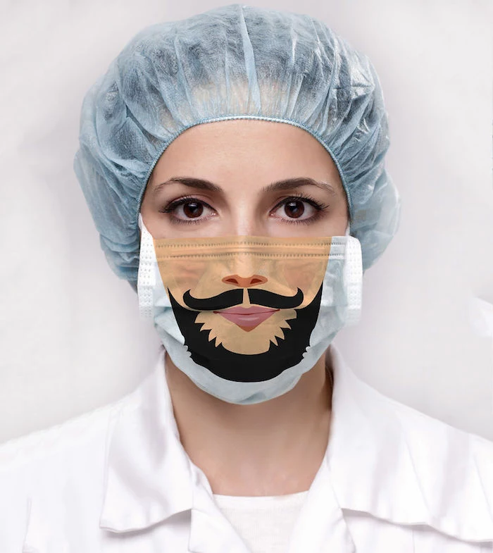 woman with brown eyes, wearing surgical hat, how to make a breathing mask, mask with beard printed on it
