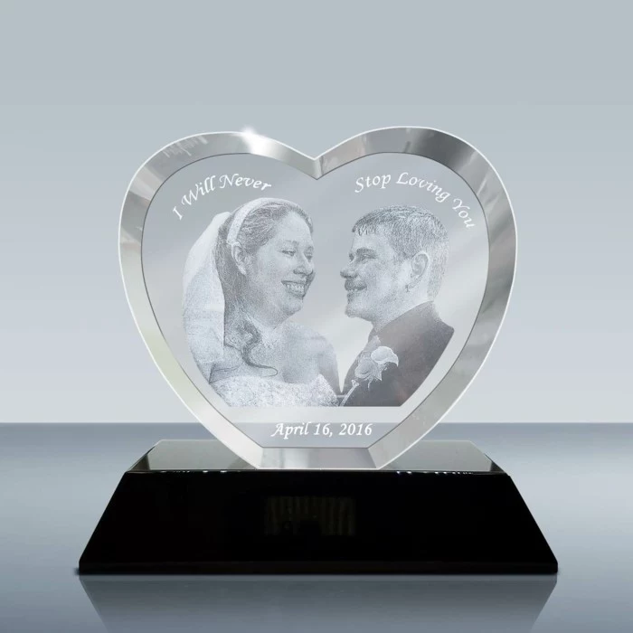 wedding anniversary gifts by year, i will never stop loving you, photo of the bride and groom, heart shaped crystal keepsake