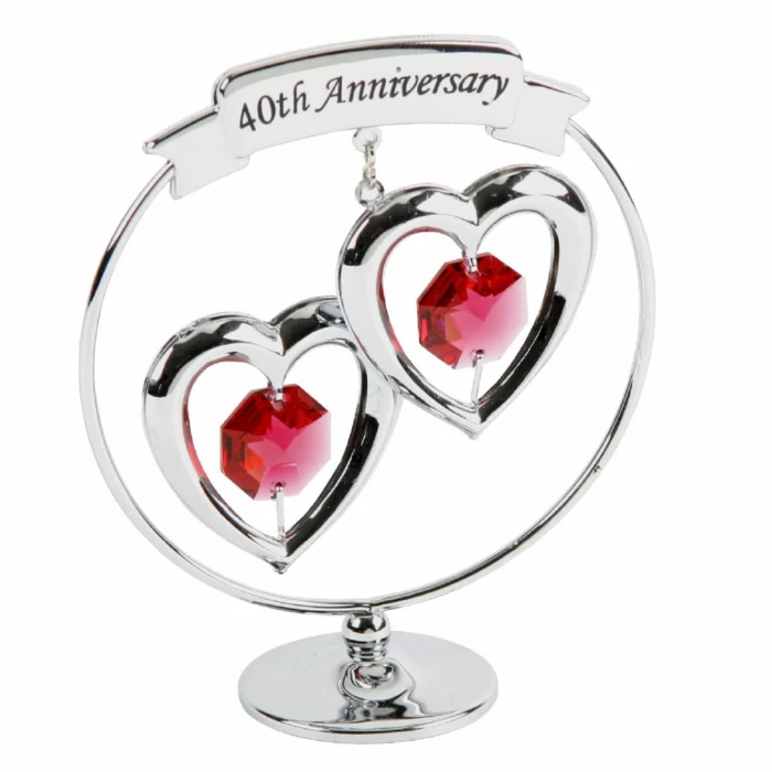 keepsake with two hearts, ruby crystals in the middle of the hearts, anniversary gifts for parents, white background