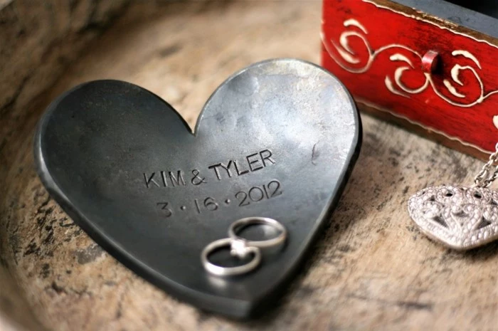 heart shaped jewelry plate, personalsed for kim and tyler, traditional anniversary gifts, wedding rings inside