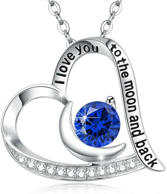 heart shaped necklace, sapphire crystal in the middle, anniversary gifts for parents, i love you to the moon and back engraved on it