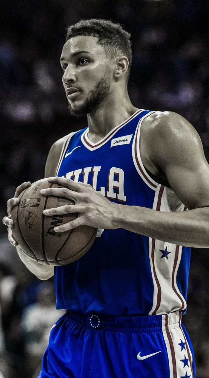 ben simmons, wearing philadelphia 76ers uniform, basketball backgrounds, holding the ball