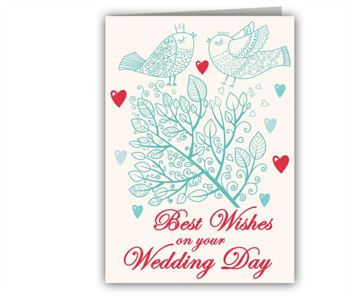 white card stock, love birds drawn on it, wedding card message, best wishes on your wedding day