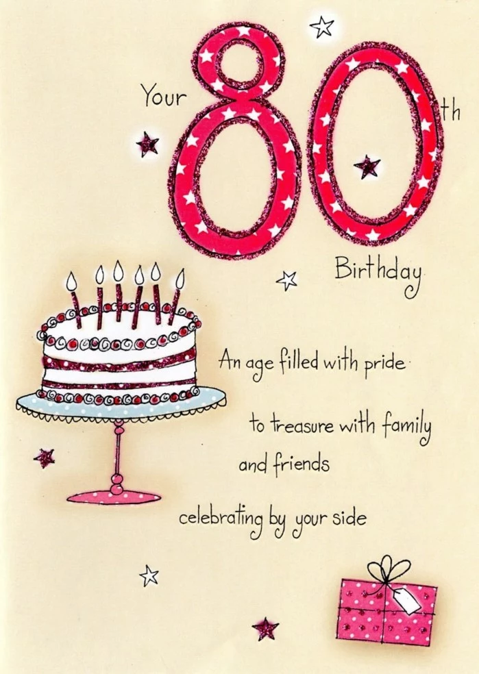 birthday card, 80th birthday party, card for eightieth birthday, drawing of a cake on it