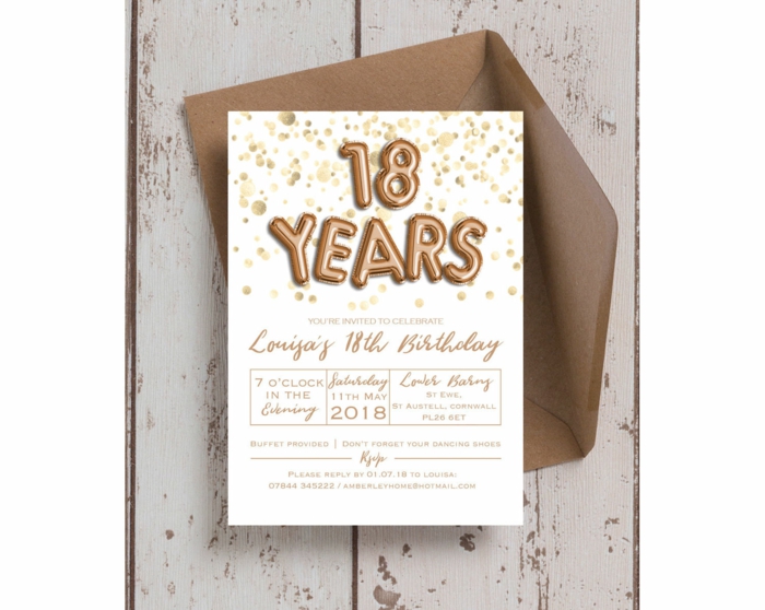 birthday party invitation, 18th birthday decorations, 18 years foil letters on white card stock, brown envelope