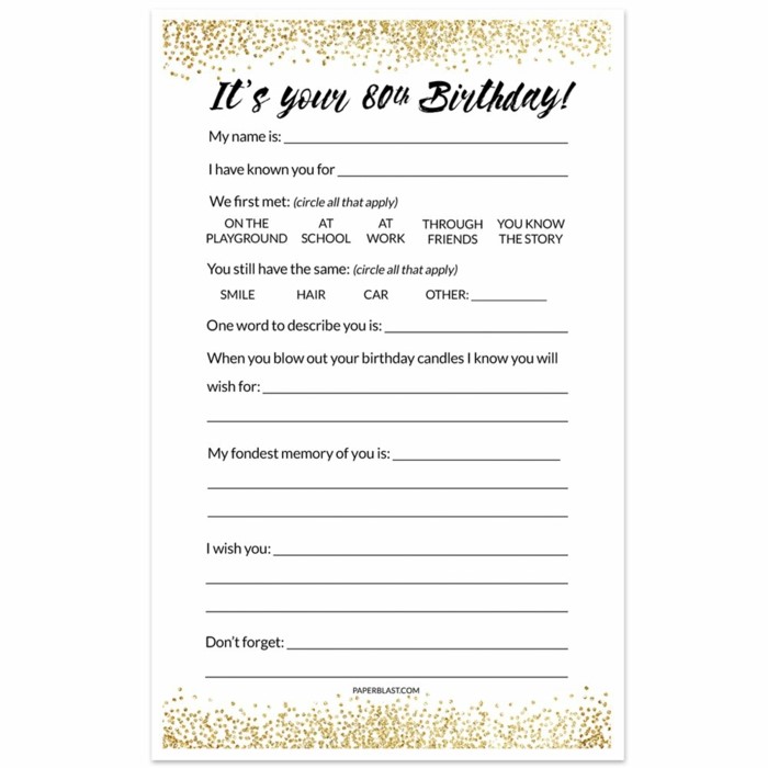 its your 80th birthday, 80th birthday party, birthday party game, guests filling out questions