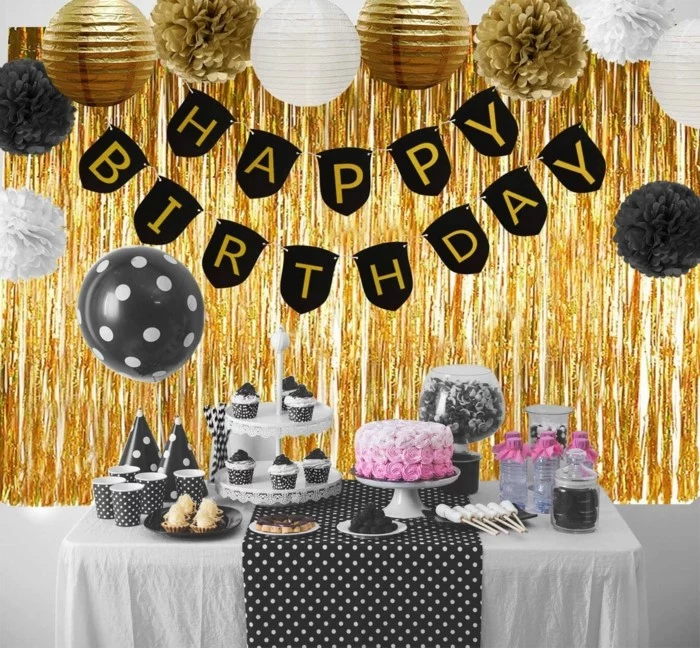 happy birthday banner, gifts for 18 year old boys, desserts table, black and gold paper flowers