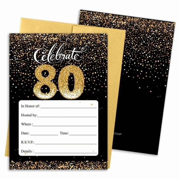 celebrate 80, party invitation, 80th birthday party ideas, invitations in black and gold