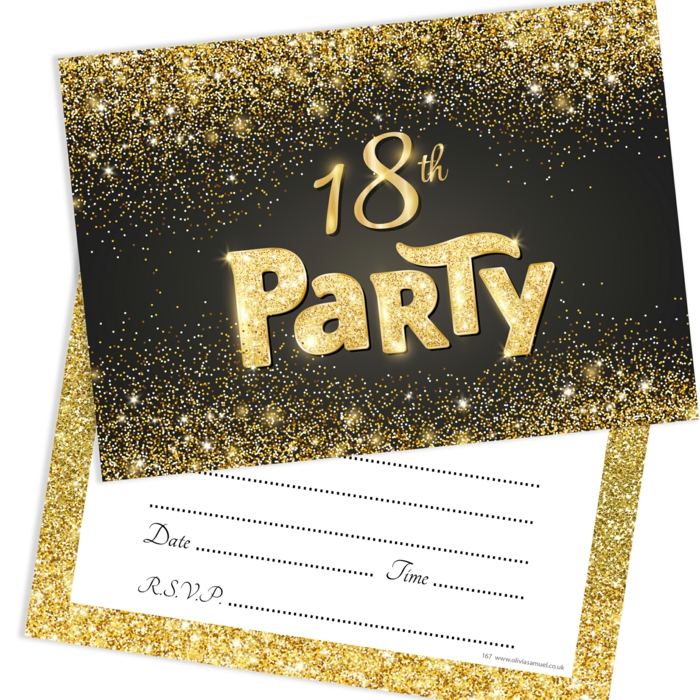 18th party birthday invitaions, 18th birthday decorations, black and gold birthday invitation