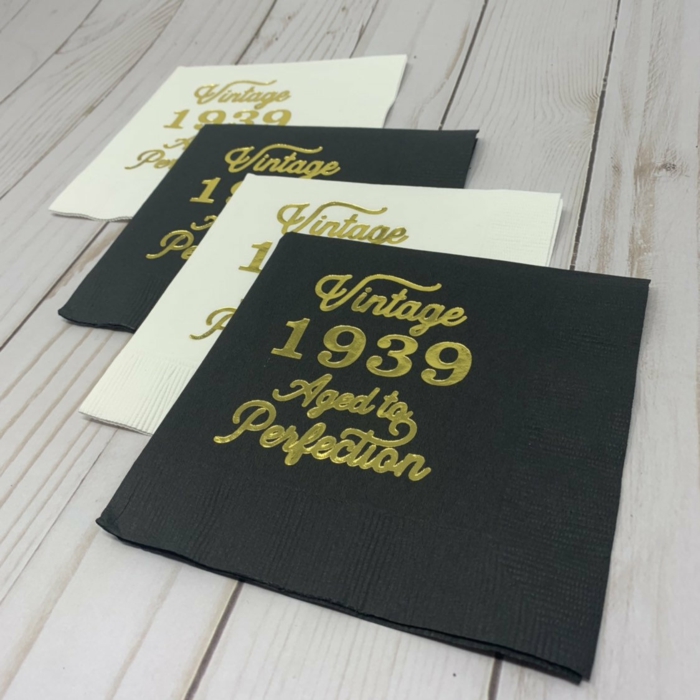 black and white paper napkins, 80th birthday decorations, vintage 1929 aged to perfection written on them