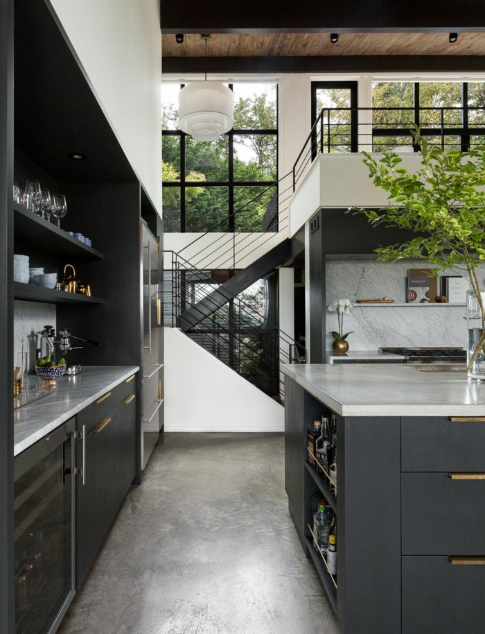 black cabinets with white countertop, mid century modern kitchen, open shelving, white backsplash