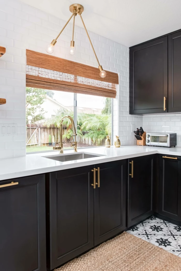 black cabinets with white countertops, contemporary kitchen cabinets, white subway tiles backsplash