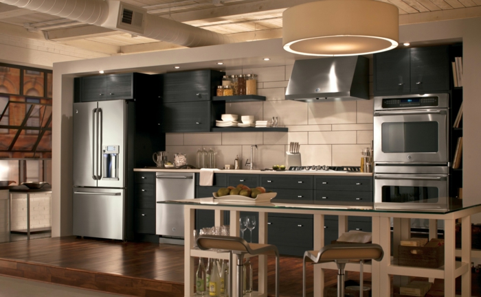 black kitchen cabinets with white countertop, contemporary kitchen cabinets, white tiles backsplash