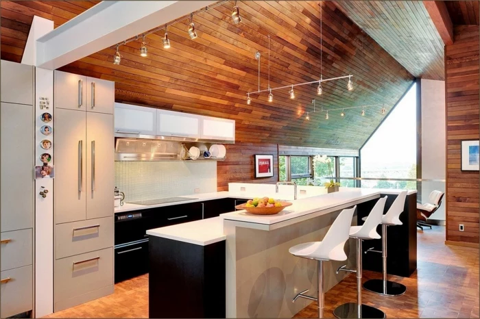 black kitchen cabinets with white countertops, contemporary kitchen cabinets, wooden ceiling