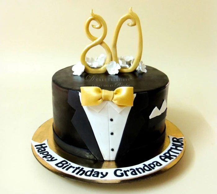 one tier cake, covered with black and white fondant, 80th birthday ideas for mom, suit cake
