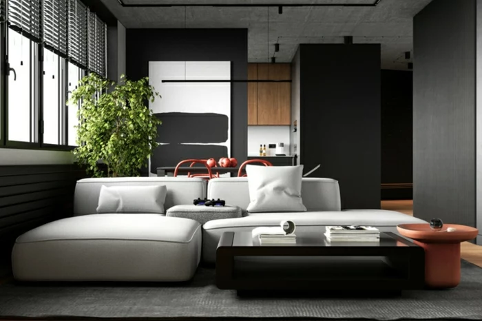 white corner sofa, black coffee table, living room furniture ideas, black walls and wooden floor