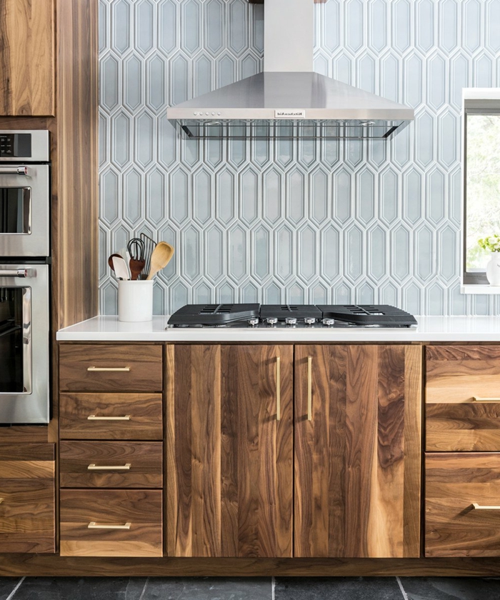 blue tiled backsplash, modern kitchen cabinets, wooden cabinets with white countertop