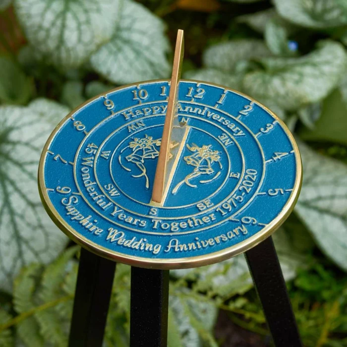 anniversary gifts for parents, blue personalised sundial, congratulatory message written on it