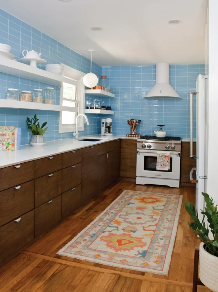 blue subway tiles backsplash, wooden cabinets with white countertops, modern kitchen cabinets, open shelving