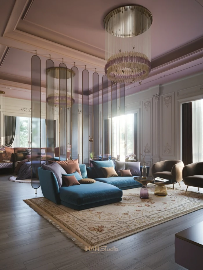 glass room separators, living room and bedroom, living room furniture ideas, blue corner sofa, wooden floor