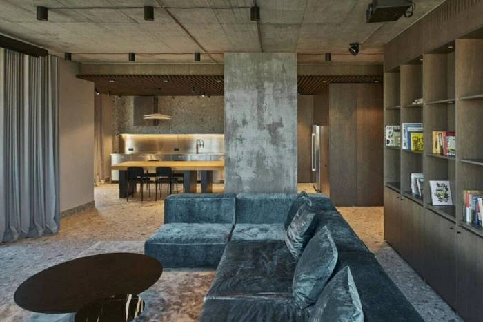 grey velvet corner sofa, black coffee table, living room furniture ideas, wooden bookshelves