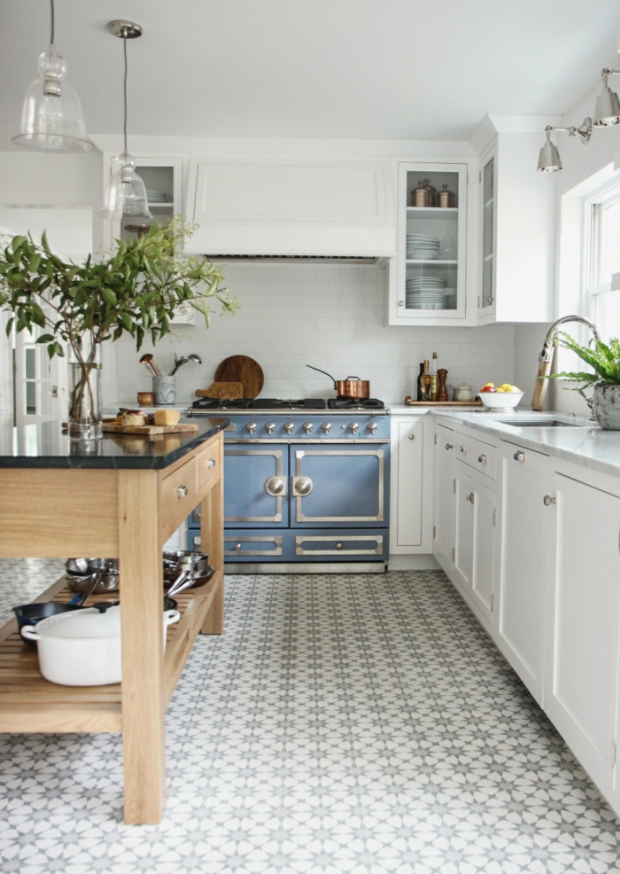 blue and white cabinets, mid century modern kitchen cabinets, wooden kitchen island with open shelving