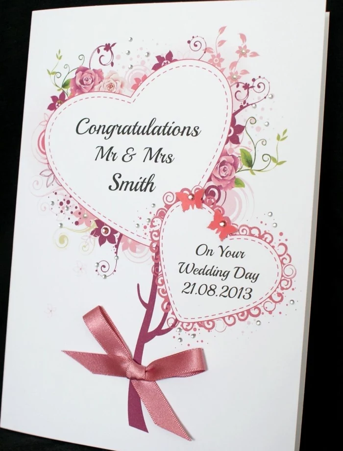 personalised wedding card, wedding card message, white card stock, hearts made of flowers, pink ribbon