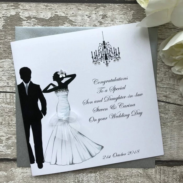 personalised wedding card, what to say in a wedding card, bride and groom silhouettes at the front