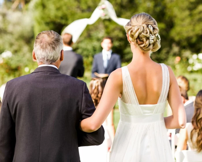 photo taken from behind, wedding entrance songs, bride walking down the aisle with her father