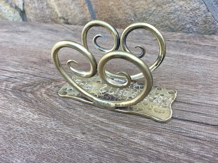 bronze napkin or business card holder, 25th anniversary gifts, with two hearts, personalised engraving on the bottom