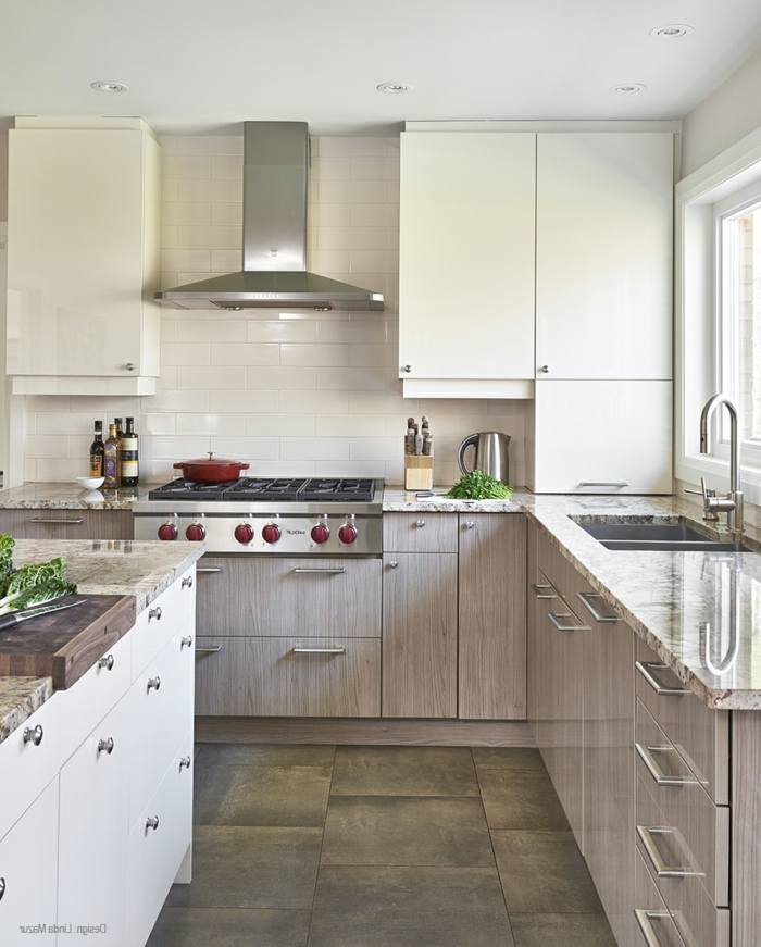 wooden cabinets with granite countertops, mid century modern kitchen cabinets, tiled floor