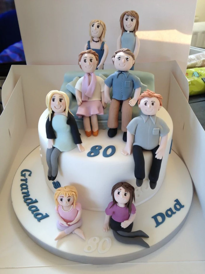 one tier cake covered with white fondant, happy 80th birthday, family member figures made of fondant