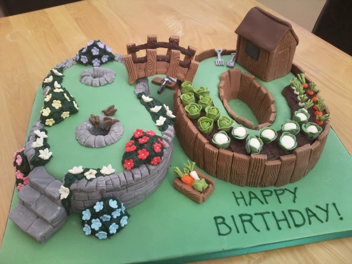 cake in the shape of number 80, 80th birthday ideas, decorated as a garden with flower beds
