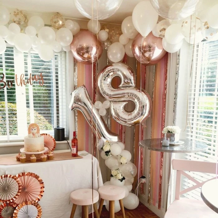 silver number 18 balloon, 18th birthday ideas, dessert table, surrounded by balloons, rose gold decor